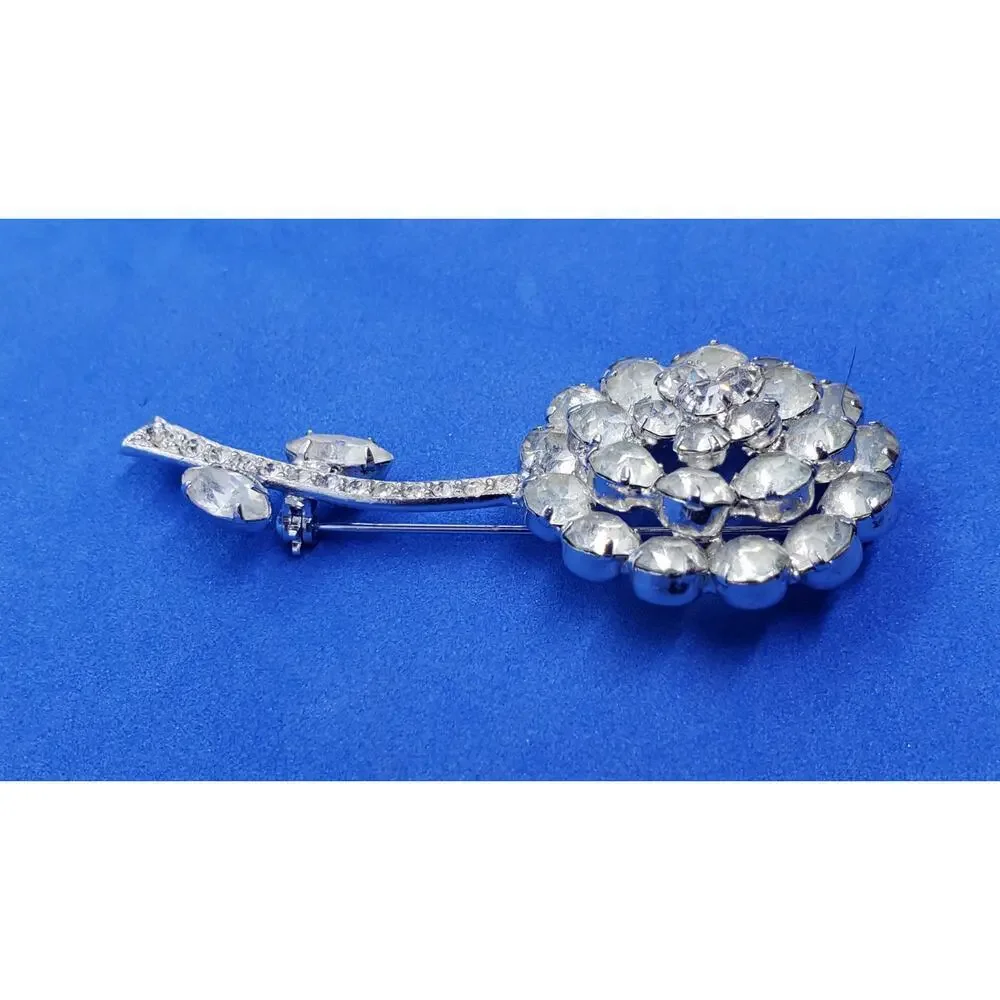 Vintage Signed Weiss Brooch Clear Rhinestone Flower Rose Long Stem Leaves